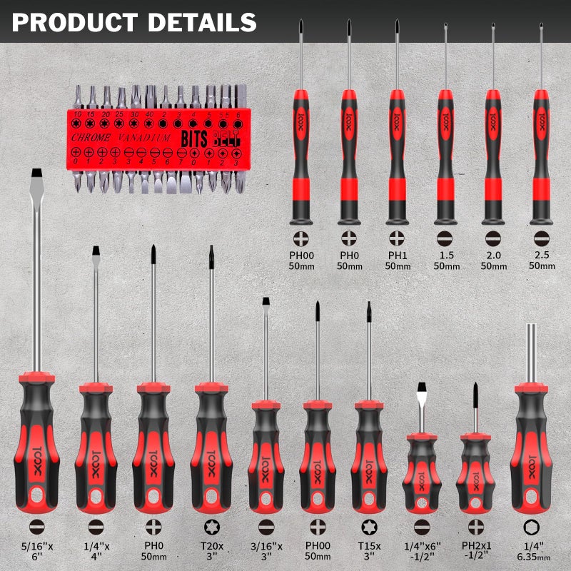 XOOL 42PCS Magnetic Screwdriver Set with Case, Torx Phillips Flat Hex Pozi Non-Slip Magnetic Tips Screwdriver Set - Image 2
